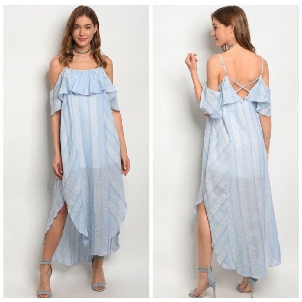 Mustard Seed Maxi Dress Baby Blue & White Striped Cold Shoulder Backless S
